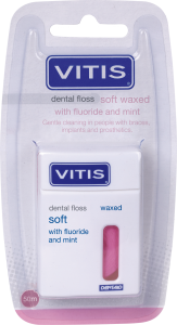 VITIS delikatna woskowana nić dentystyczna z miętą i fluorem (pęczniejąca pod wpływem śliny) różowa