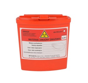 Pojemnik na ostre odpady medyczne, jednorazowy, pojemność 0,25 L.